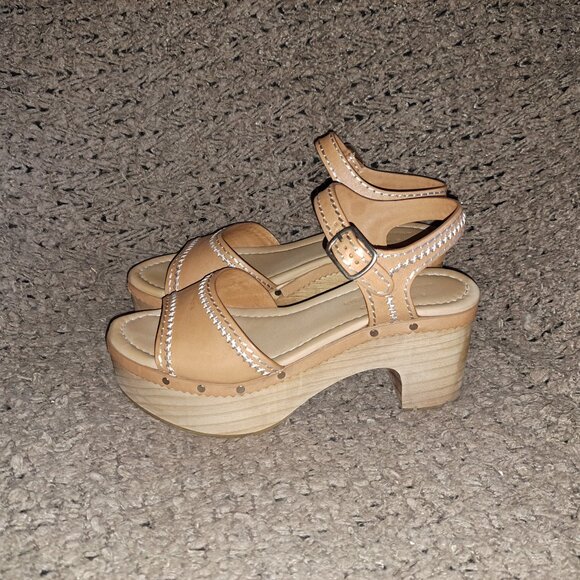 SANDRO-Audrey-Tan Leather-Contrast Stitch-Ankle Strap-Wood Heel-Sz 37/6.5-NM - Picture 2 of 9